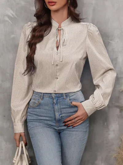 Women Fashion Casual V-Neck Lace-Up Stripe Long Sleeve Blouse