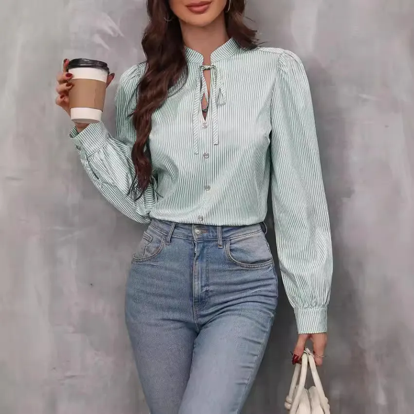 Women Fashion Casual V-Neck Lace-Up Stripe Long Sleeve Blouse