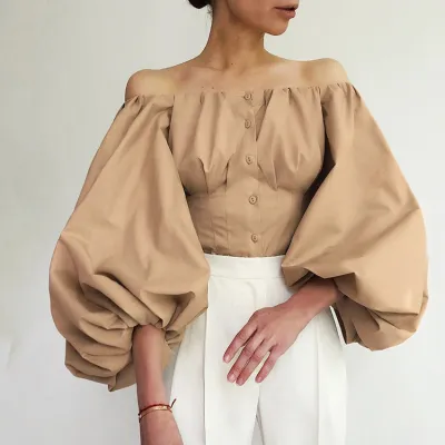 Women Sexy Off Shoulder Long Sleeve Bubble Lantern Sleeve Blouse Top