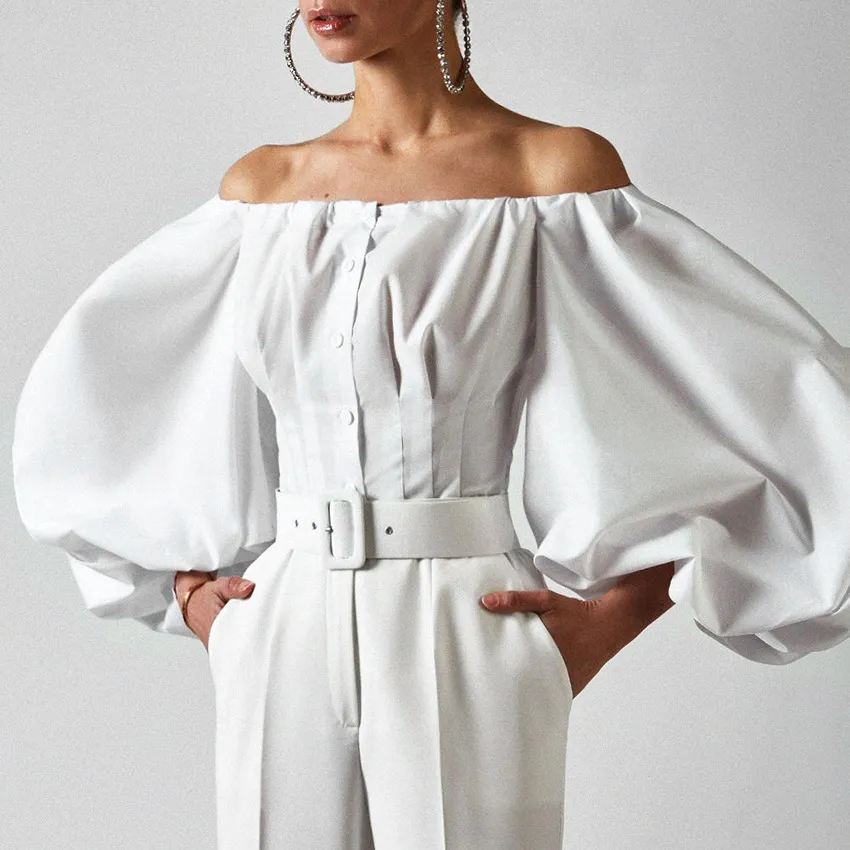Women Sexy Off Shoulder Long Sleeve Bubble Lantern Sleeve Blouse Top