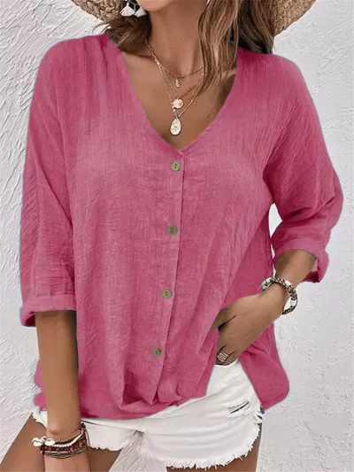 Women's Casual Elegant V-Neck Button Long Sleeve Polyester Blouse