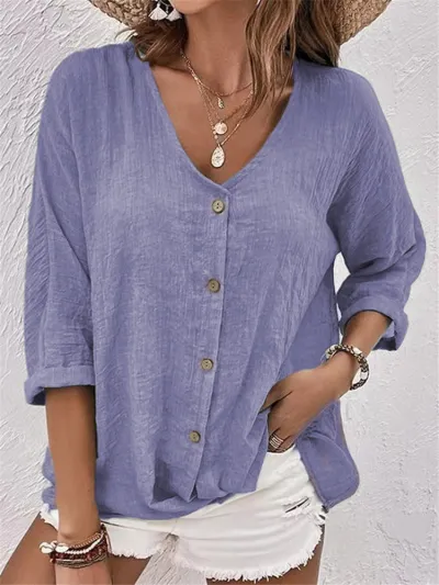 Women's Casual Elegant V-Neck Button Long Sleeve Polyester Blouse