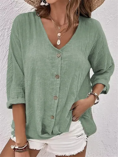 Women's Casual Elegant V-Neck Button Long Sleeve Polyester Blouse