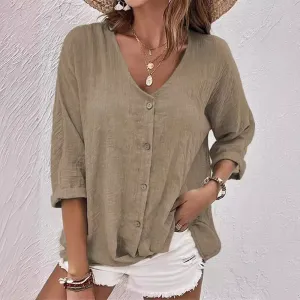 Women's Casual Elegant V-Neck Button Long Sleeve Polyester Blouse