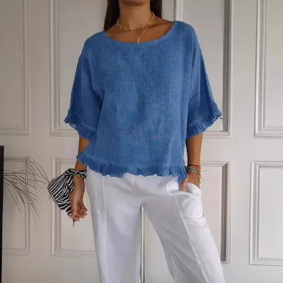 Summer Women Casual Solid Color Cotton Linen Crewneck Short Sleeve Blouse