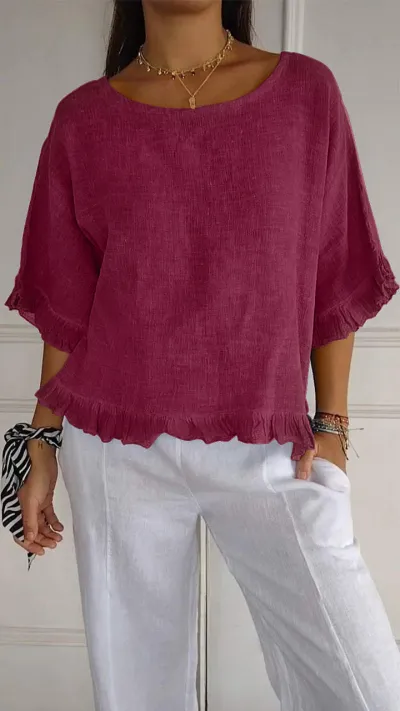 Summer Women Casual Solid Color Cotton Linen Crewneck Short Sleeve Blouse
