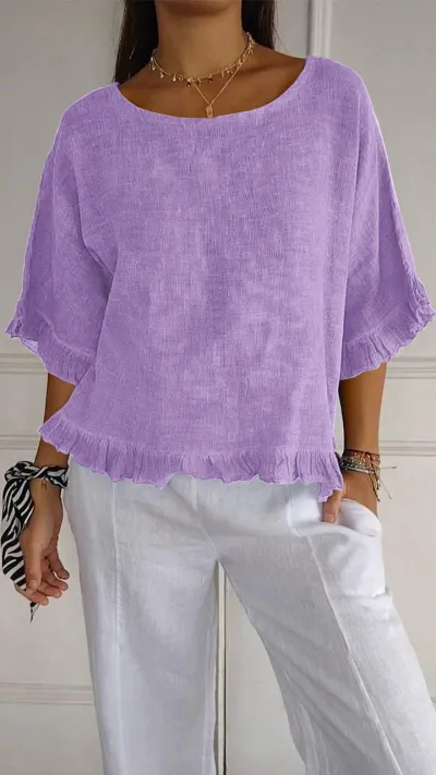 Summer Women Casual Solid Color Cotton Linen Crewneck Short Sleeve Blouse