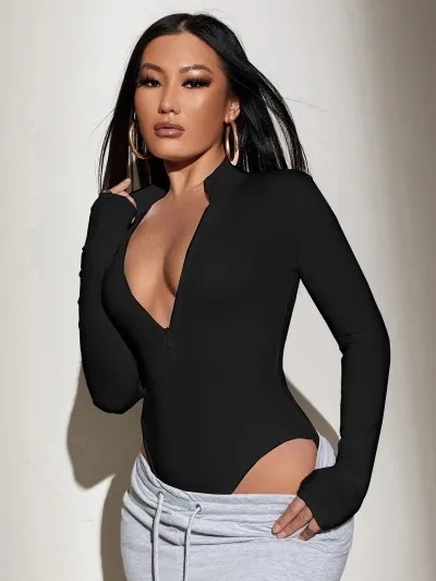 Sexy Women Seamless Elastic Zipper Bodysuit Long Sleeve Street Style