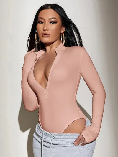 Sexy Women Seamless Elastic Zipper Bodysuit Long Sleeve Street Style