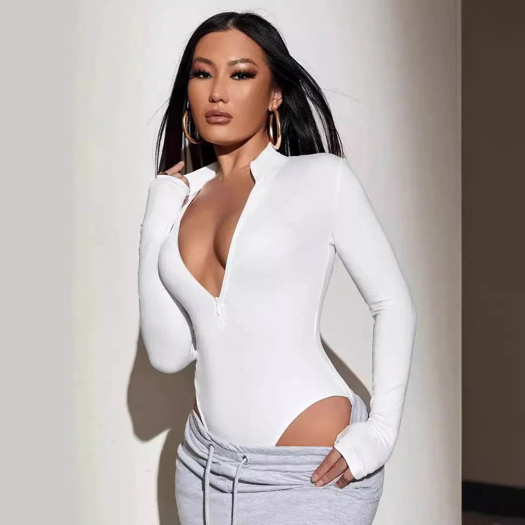 Sexy Women Seamless Elastic Zipper Bodysuit Long Sleeve Street Style