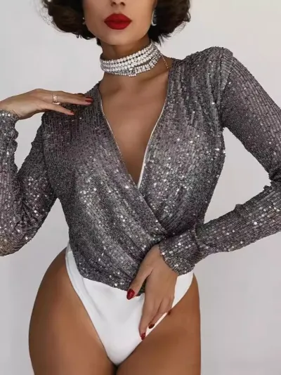 Fashion Sexy Sequin Long Sleeve V-Neck Bodysuit