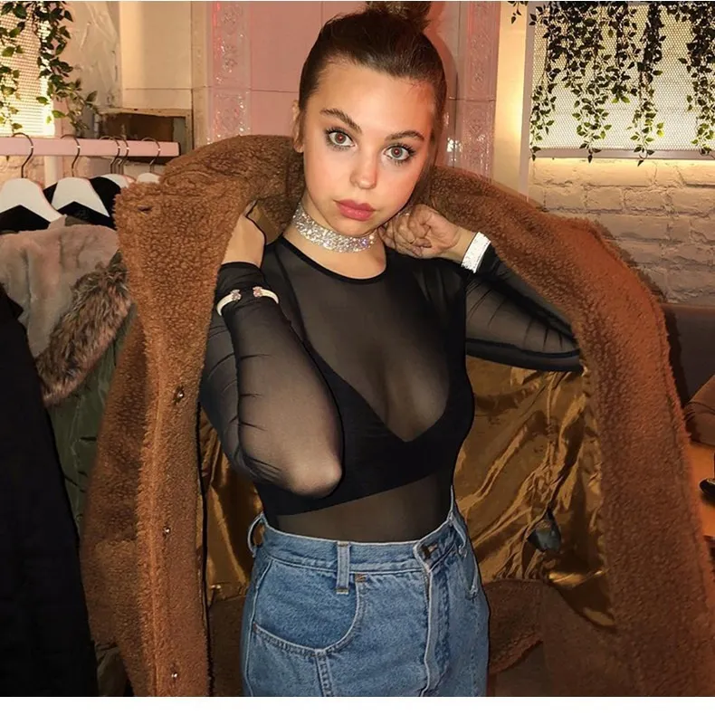 Sexy Mesh Women Long Sleeve Crewneck Bodysuit