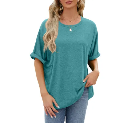 Summer Women Casual Solid Color Round Neck Short Sleeve T-Shirt