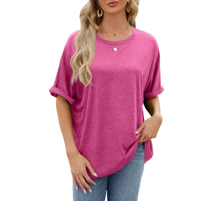 Summer Women Casual Solid Color Round Neck Short Sleeve T-Shirt