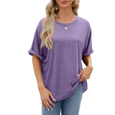 Summer Women Casual Solid Color Round Neck Short Sleeve T-Shirt