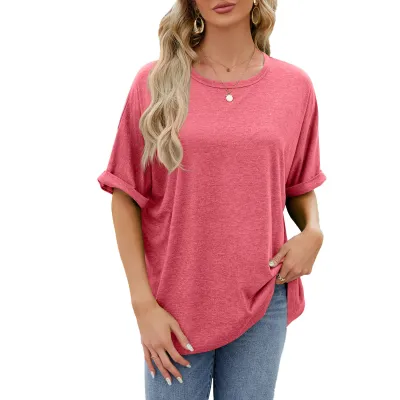 Summer Women Casual Solid Color Round Neck Short Sleeve T-Shirt