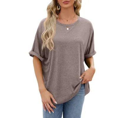 Summer Women Casual Solid Color Round Neck Short Sleeve T-Shirt