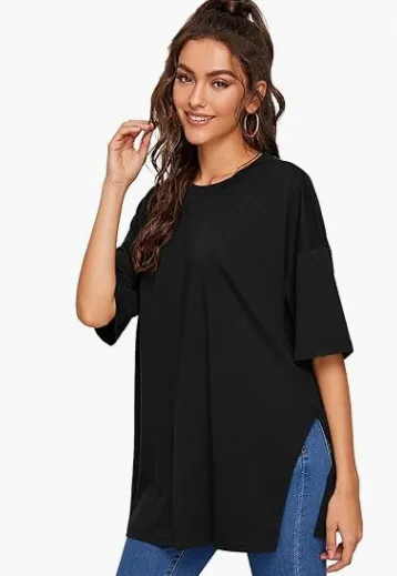 Women's Casual Split Hem T-Shirt - Round Neck Short Sleeve Solid Color Summer Top