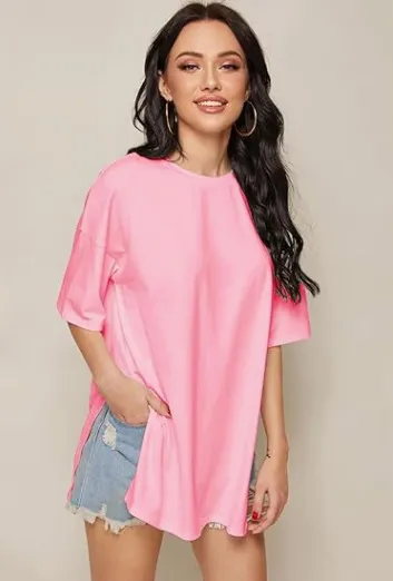 Women's Casual Split Hem T-Shirt - Round Neck Short Sleeve Solid Color Summer Top