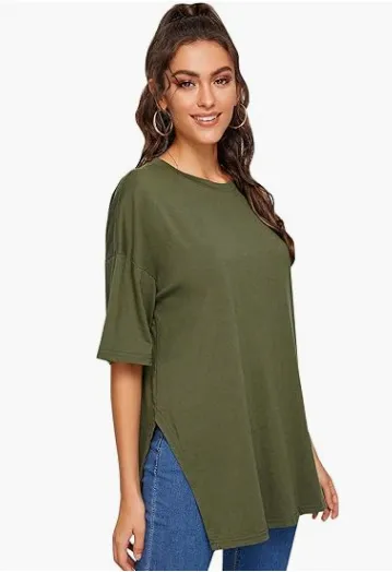 Women's Casual Split Hem T-Shirt - Round Neck Short Sleeve Solid Color Summer Top