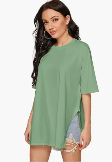 Women's Casual Split Hem T-Shirt - Round Neck Short Sleeve Solid Color Summer Top