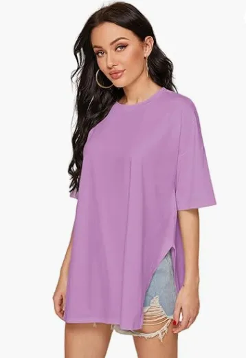 Women's Casual Split Hem T-Shirt - Round Neck Short Sleeve Solid Color Summer Top