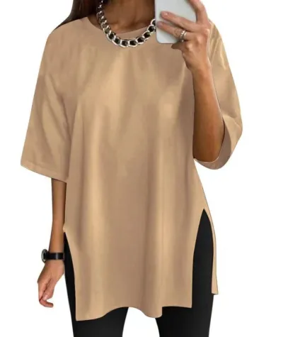 Women's Casual Split Hem T-Shirt - Round Neck Short Sleeve Solid Color Summer Top