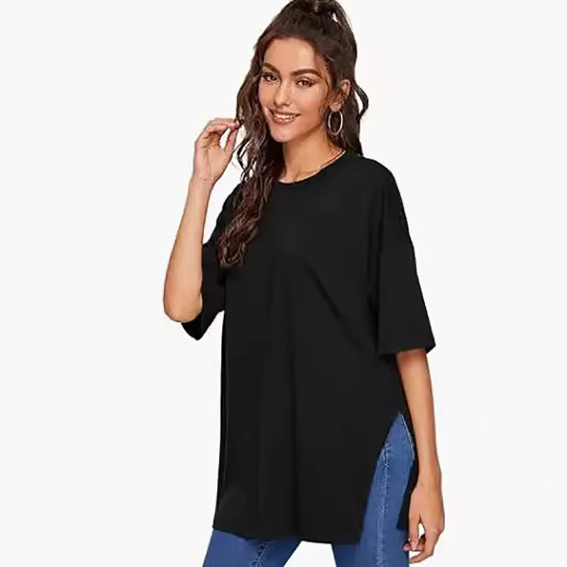Women's Casual Split Hem T-Shirt - Round Neck Short Sleeve Solid Color Summer Top