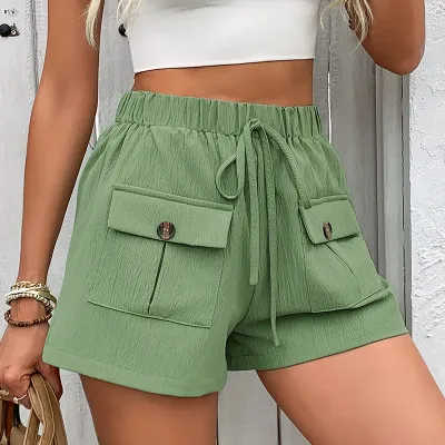 Summer Women Fashion Solid Color Double Pocket Lace-Up Elastic Wrinkle Shorts