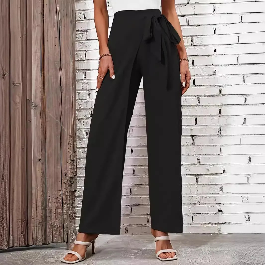 Women Casual High Waist Adjustable Lace-Up Straight Leg Pants