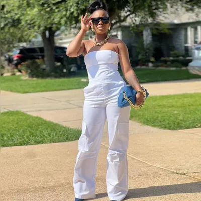 Women Strapless Cargo Pocket Sleeveless Solid Color Tube Jumpsuits