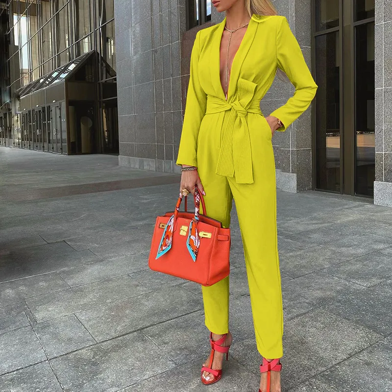 Women Fashion Solid Color Strap Deep V Neck Long Sleeve Jumpsuits