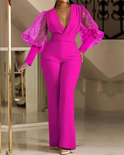 Women Fashion Deep V Mesh Stitching Long-Sleeved Slim-Fit Wide-Leg Jumpsuits