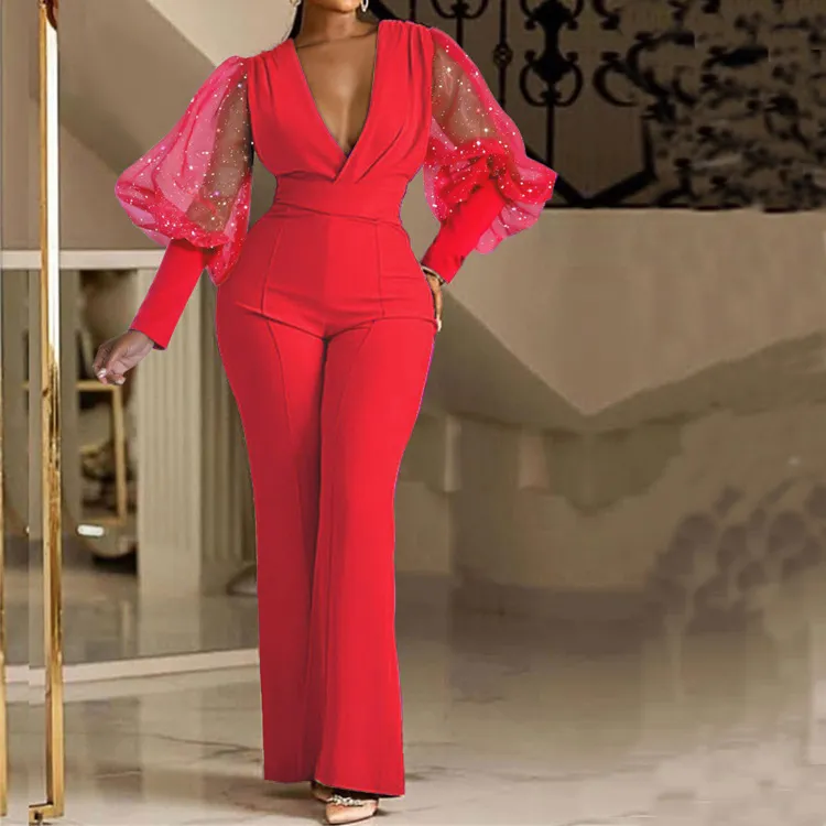 Women Fashion Deep V Mesh Stitching Long-Sleeved Slim-Fit Wide-Leg Jumpsuits