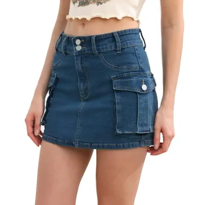 Women Fashion Solid Color Low Waist Slim Denim Skirt