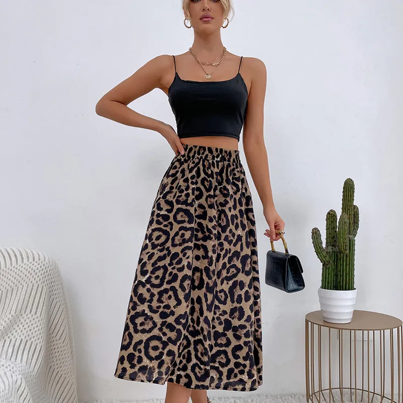 Women Fashion Chiffon Leopard Print Loose Pleated Skirt