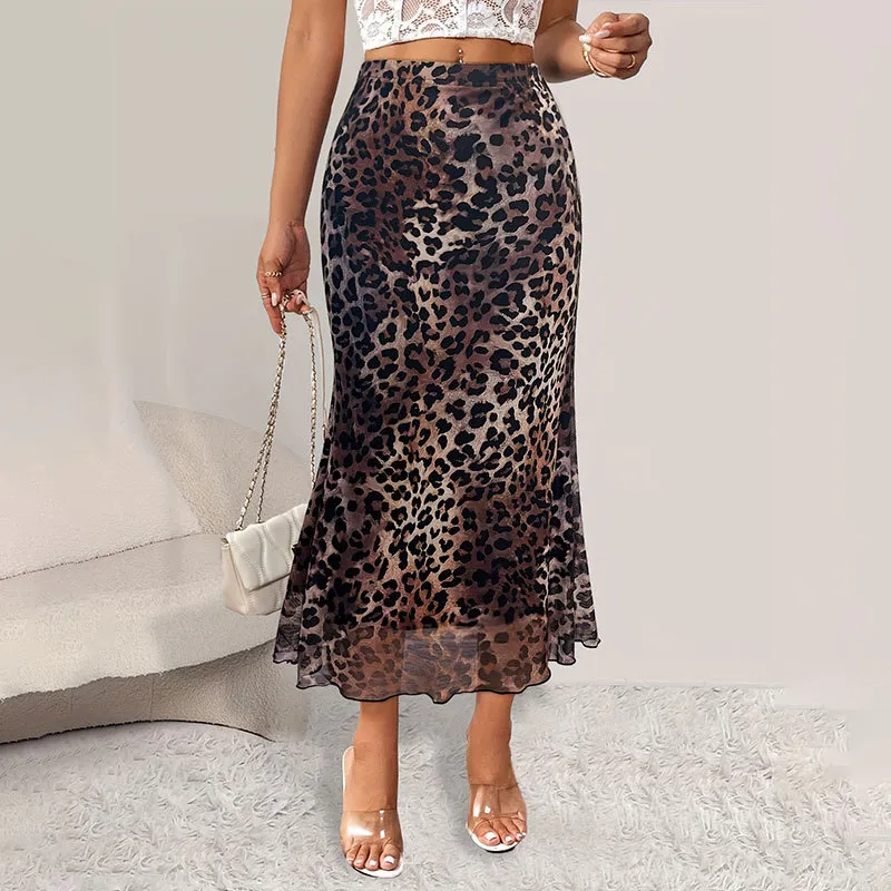Women Fashion Sexy Leopard Print Stretch Mesh See-Through Fishtail Skirt