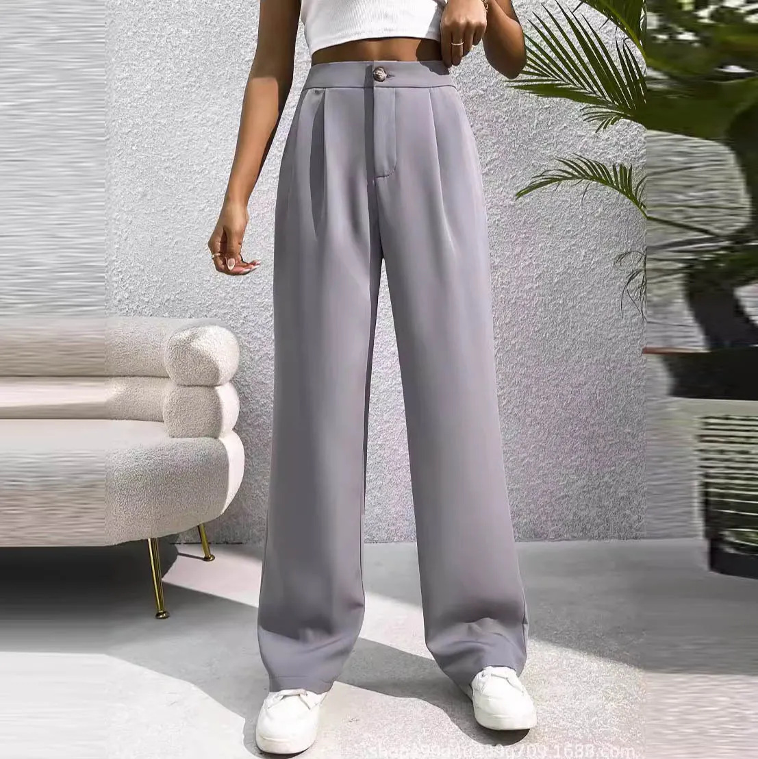 Women Fashion Casual High Waist Draping Loose Straight Pants