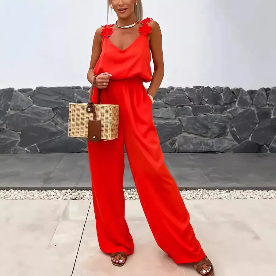 Women Casual Loose Solid Color V-Neck Strap Sleeveless Pocket Jumpsuits