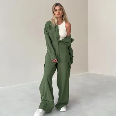 Women Casual Street Hipster Solid Color Lapel Long Sleeve Cargo Jumpsuit