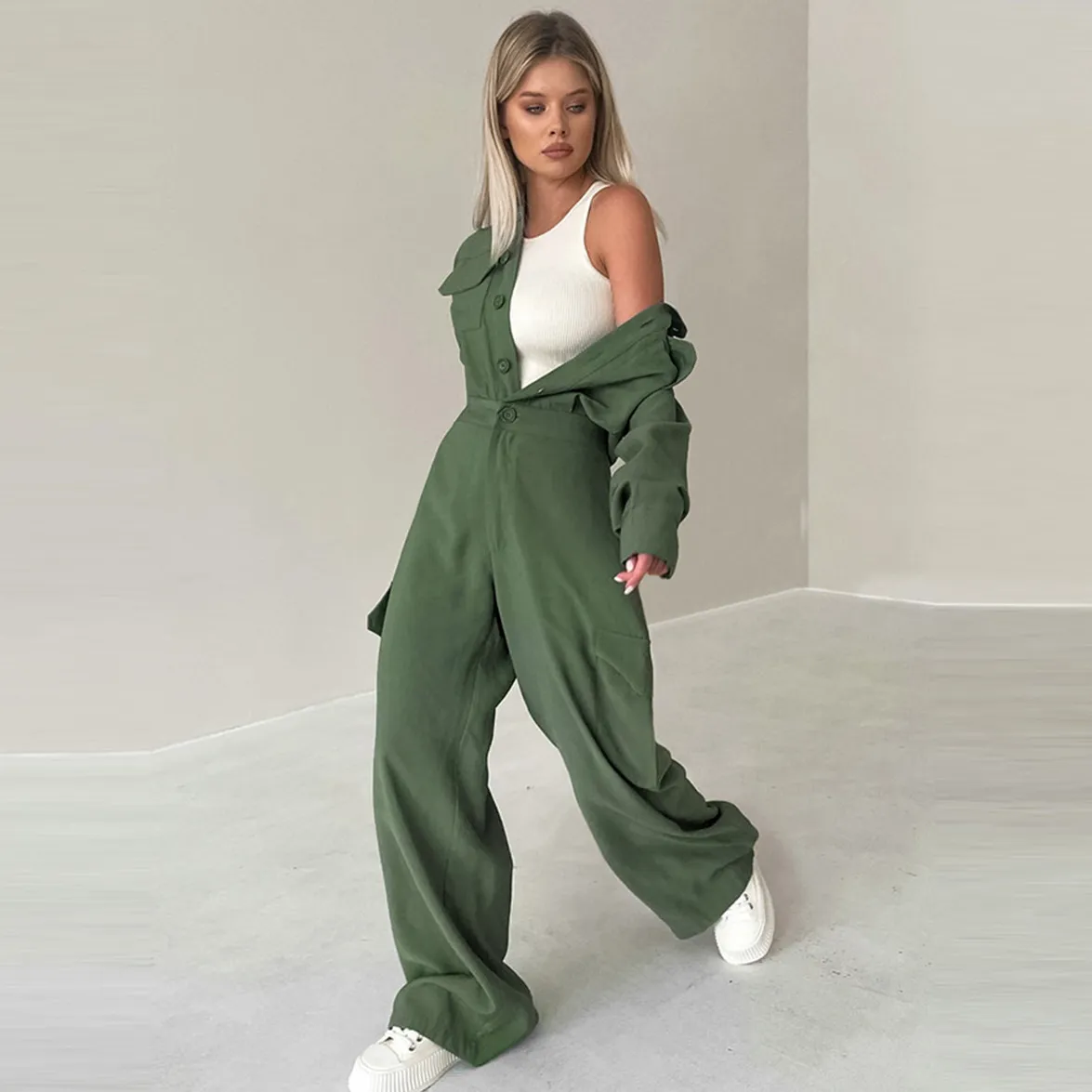 Women Casual Street Hipster Solid Color Lapel Long Sleeve Cargo Jumpsuit