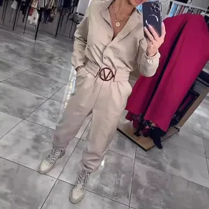 Women Fashion Casual Defined Waist Long Sleeve Shirt Jumpsuits
