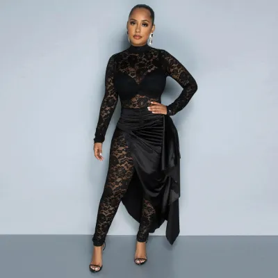 Women Fashion Solid Color Round Neck Long Sleeve Slim Fit Jumpsuits Outer Lace-Up Half Cape Dress Set