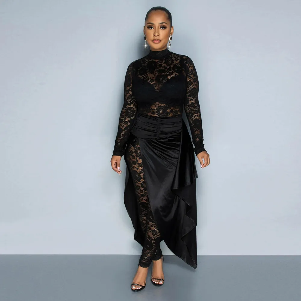 Women Fashion Solid Color Round Neck Long Sleeve Slim Fit Jumpsuits Outer Lace-Up Half Cape Dress Set