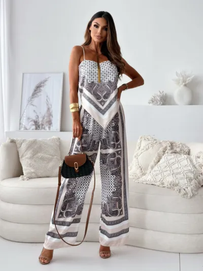 Women Fashion Sexy Printed Camisole Wide-Leg Pants Two-Piece Set