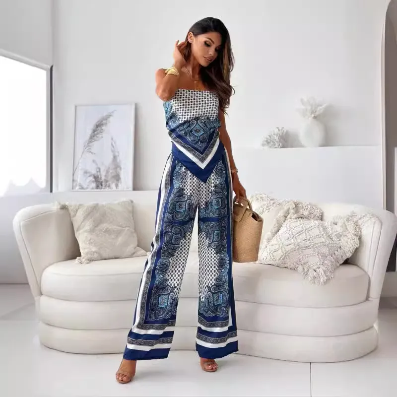 Women Fashion Sexy Printed Camisole Wide-Leg Pants Two-Piece Set