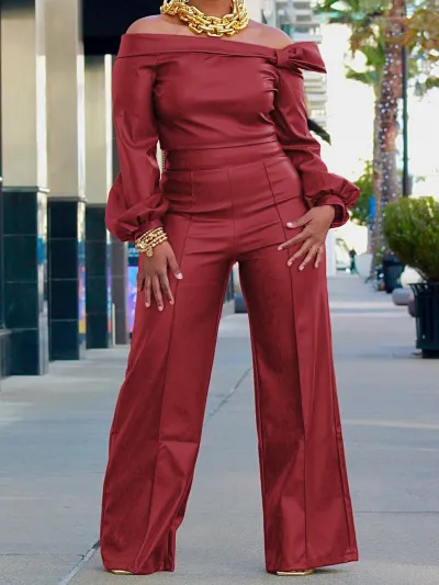 Women Off Shoulder PU Long Sleeve Top Wide Leg Pants Set Street Hipster