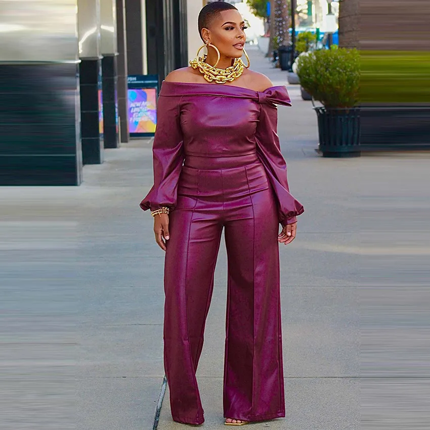 Women Off Shoulder PU Long Sleeve Top Wide Leg Pants Set Street Hipster