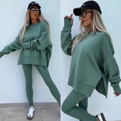 Women Fashion Casual Solid Color Crewneck Long Sleeve Split Sweatshirt Tight Pants Two-Piece Set