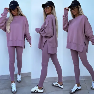 Women Fashion Casual Solid Color Crewneck Long Sleeve Split Sweatshirt Tight Pants Two-Piece Set